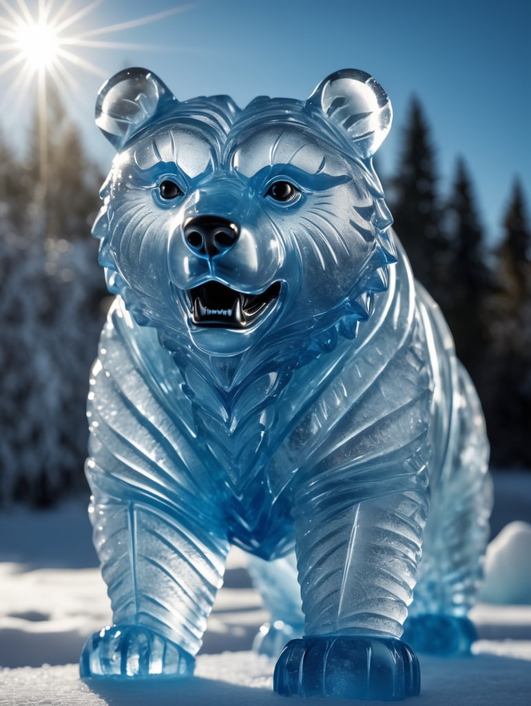 Highly detailed shot of an blueish ice sculpture in the shape of a Russian Bear, full-body shot, dramatic shattering ice background, full motion effects, diagonal view, ice crystal particles everywhere, back light, ultra sharp focus, high speed shot, subtle color, Bioluminescence, high quality