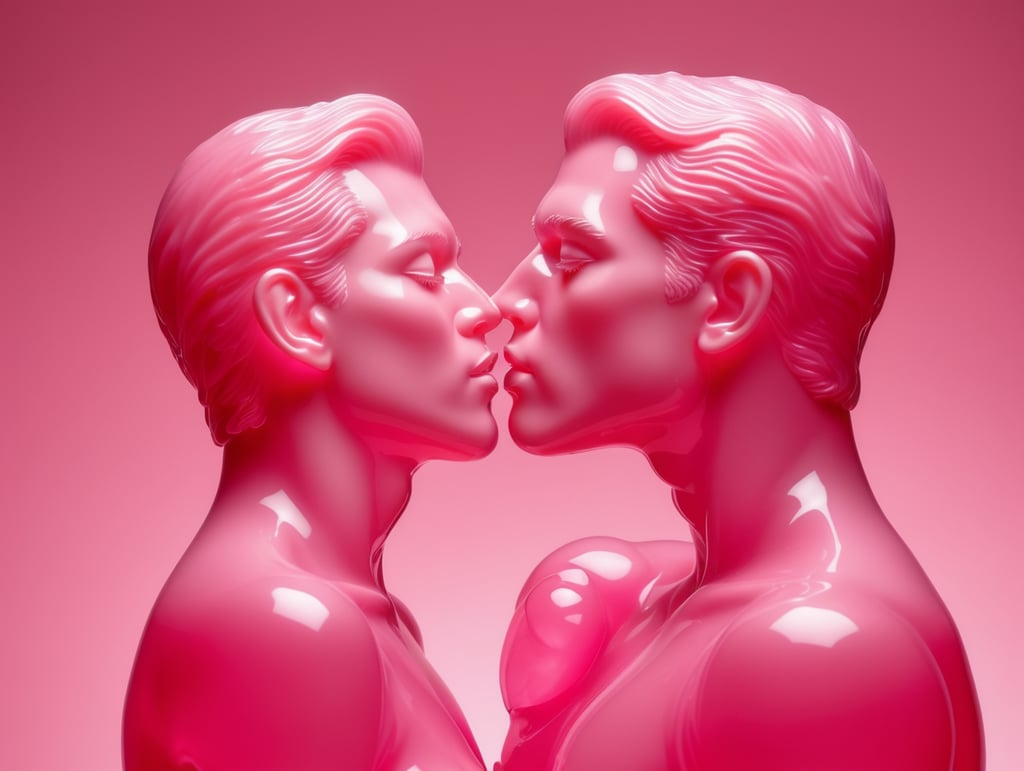 Kiss Art: Two pink translucent wax figures kissing each other, isolated, pink background