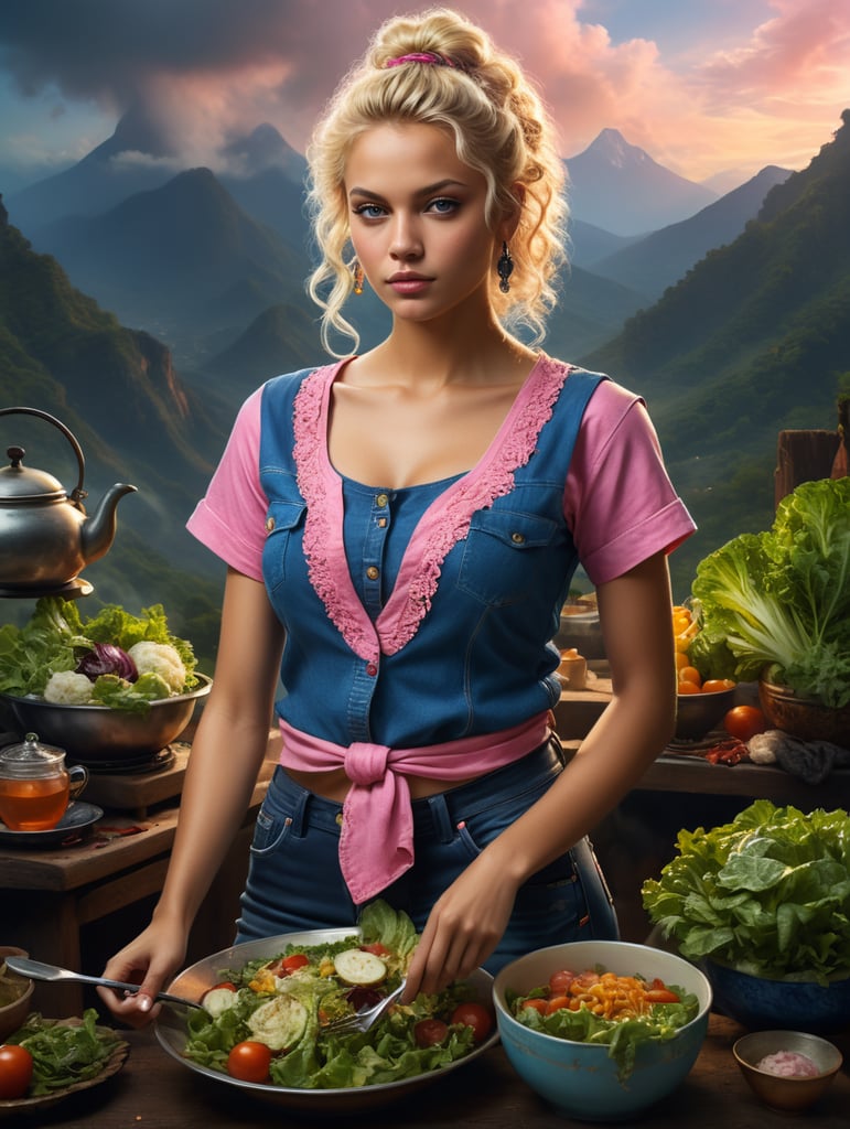 Portrait of a young blonde, super actual and beautiful girl vegetarian cooker from south america in a folk Indian d Dramatic Lighting, Depth of field,a tea mountain in the backdrop Incredibly high detailed,eating a salad. The girl is dressed like a cooker with pink and blue clothes, the style of the image is actual from year 2023. the hair is curly. the clothe is modern, jeans and a coll tshirt style balenciaga