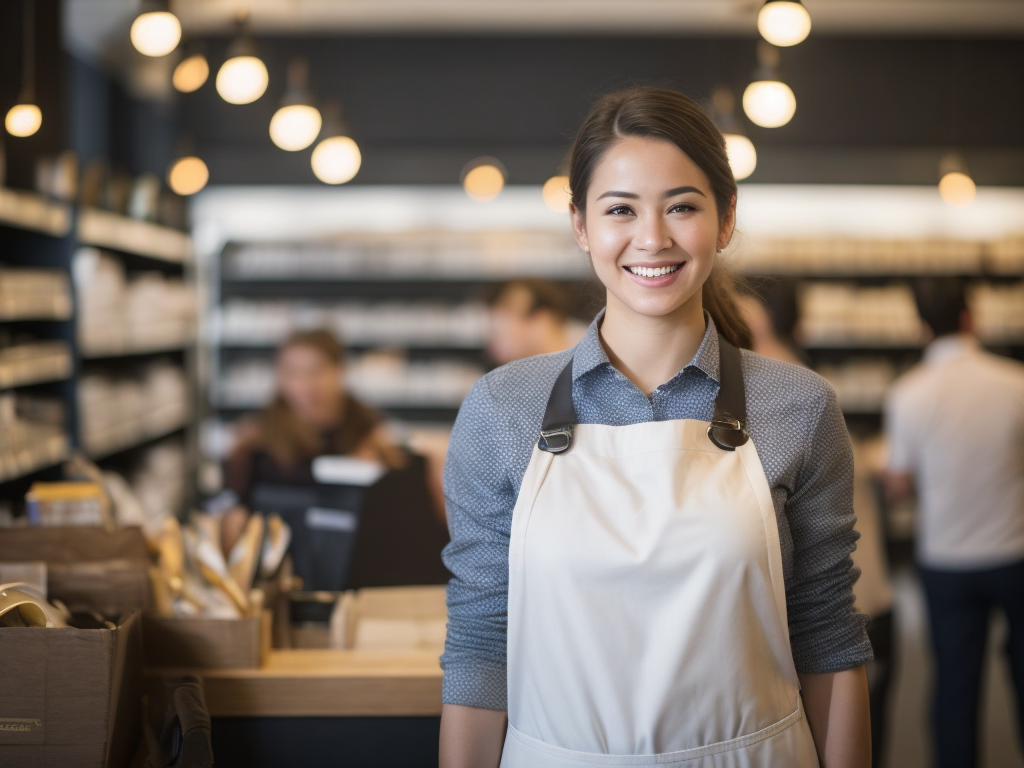 A woman store worker smiles. Retail store, grocery, bakery, pharmacy. Lady with an apron working in the market.