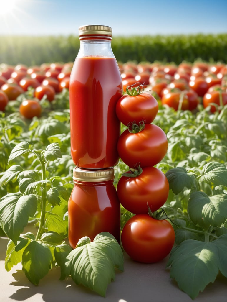 several red tomatoes stacked together forming a ketchup bottle with some leaves around it, beautiful tomato plantation in the background and a blue sky, short grass and yellow flower, creamy light, ambient lighting, beautiful colors