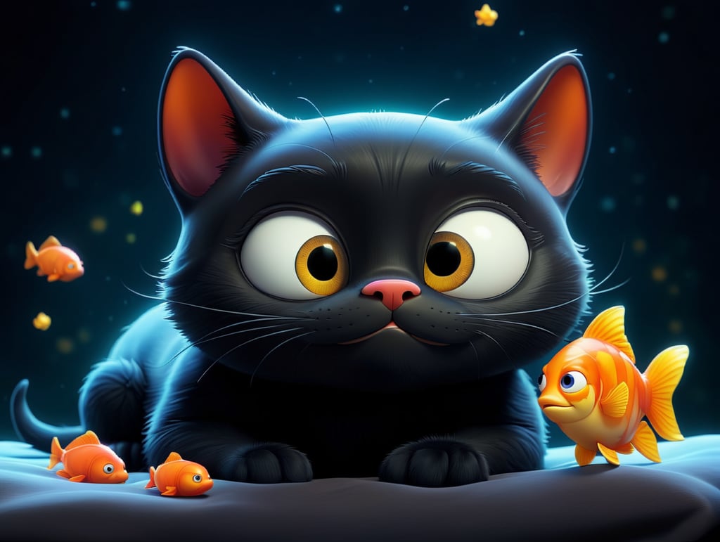 black cat sleeps and sees a shining goldfish in his dream dark background cartoon style