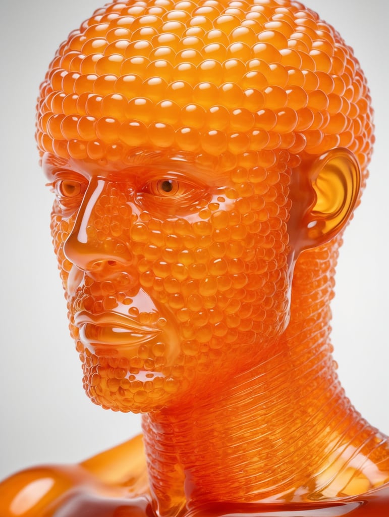 Portrait of a Translucent orange man made from the orange fruit, organs are visible through the jelly, isolated black background