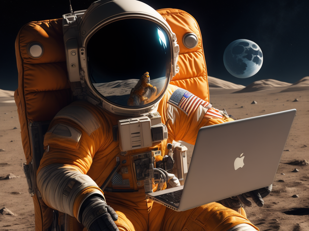 Astronaut on the moon with orange suite working on laptop