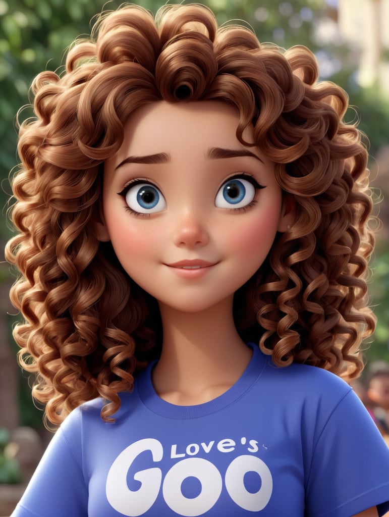 a beautiful girl girl with curly hair, fair skin, beautiful face, beautiful eyes, wearing t-shirt I love Jesus, Disney Pixar 8k