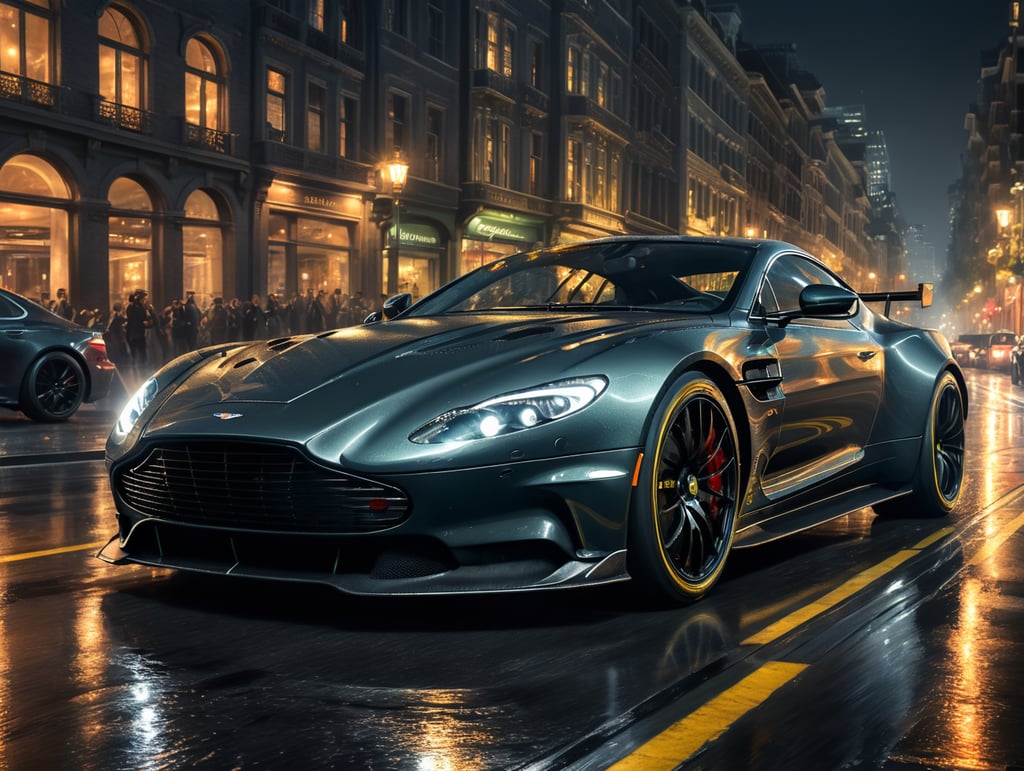 dark grey aston martin racing through city at night