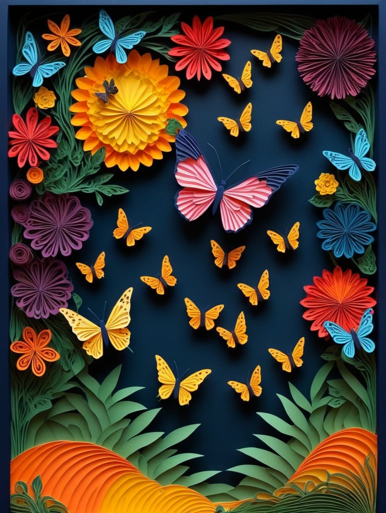 Papercut colorful nature with park and flower beauty butterfly