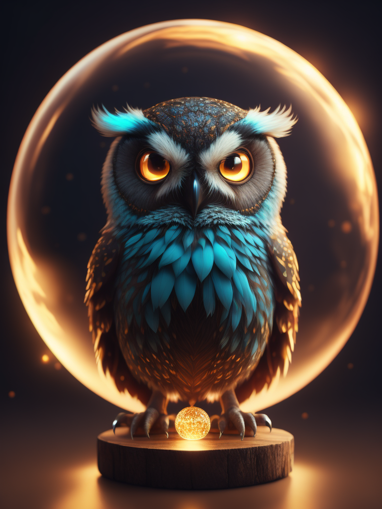 A realistic cute adorable baby owl made of crystal ball with low poly eye's surrounded by glowing aura highly detailed intricated concept art with vivid beautiful colors trending artstation 8k