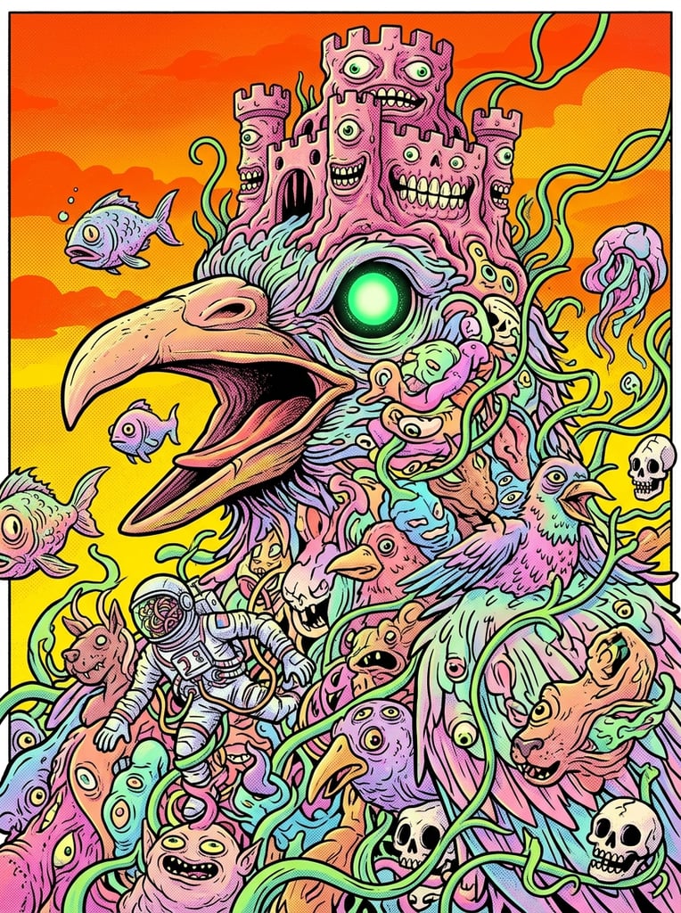 dense psychedelic pop surrealist illustration, massive bird-like creature formed by interlocking bizarre cartoon figures, giant central beak and glowing green eye, topped with a fleshy pink multi-eyed castle with grinning teeth, cascade of mutant animals, tangled astronaut, multi-eyed birds, skulls, surreal floating fish, wavy green vines, vibrant neon and pastel colors, orange and yellow gradient sky, stippled halftone texture, horror vacui composition