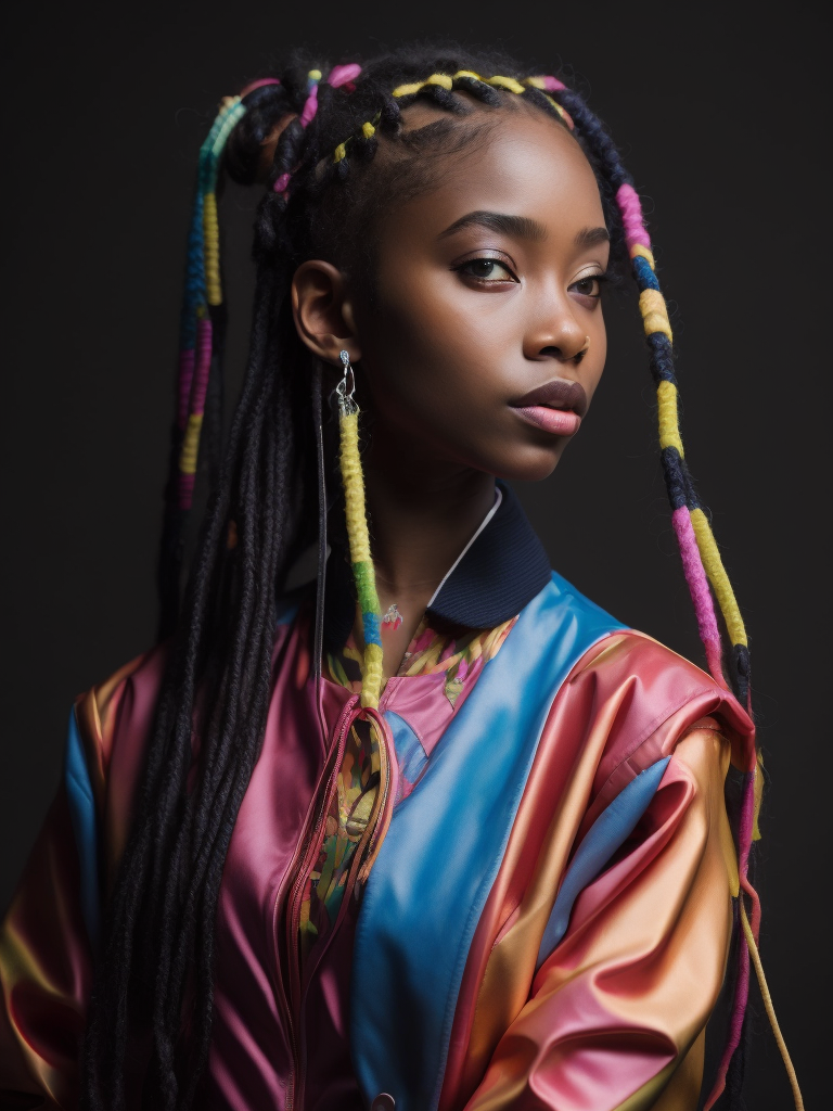 Beautiful dark-skinned girl with pigtails, bright elements woven into pigtails, bright makeup, multi-colored jacket, black background