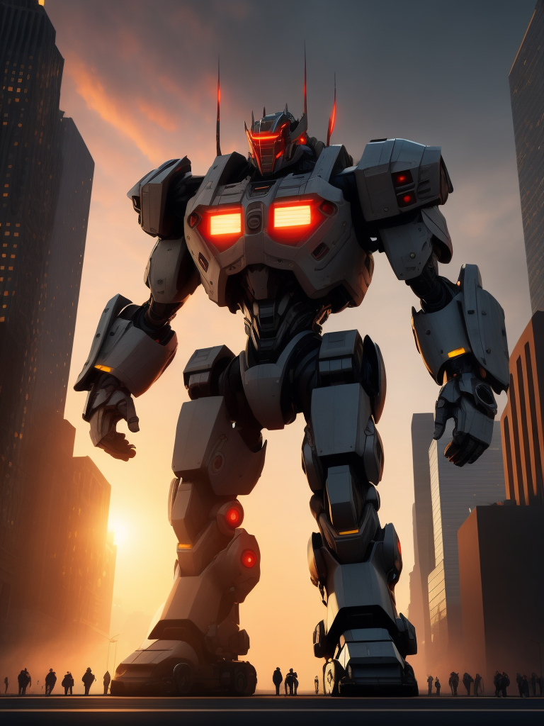 Giant mecha robot made of architectural building pieces, shooting laser beam from the eyes, very shiny reflective red and black armor, hyper realistic, incredibly high detail, colorful, dramatic lighting, sunset, city skyline, new york, city lights, stop lights