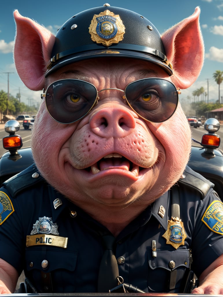 A angry pig police officer, sitting behind the wheel of a police car, close-up shot, sunglasses, clipart, stock photo