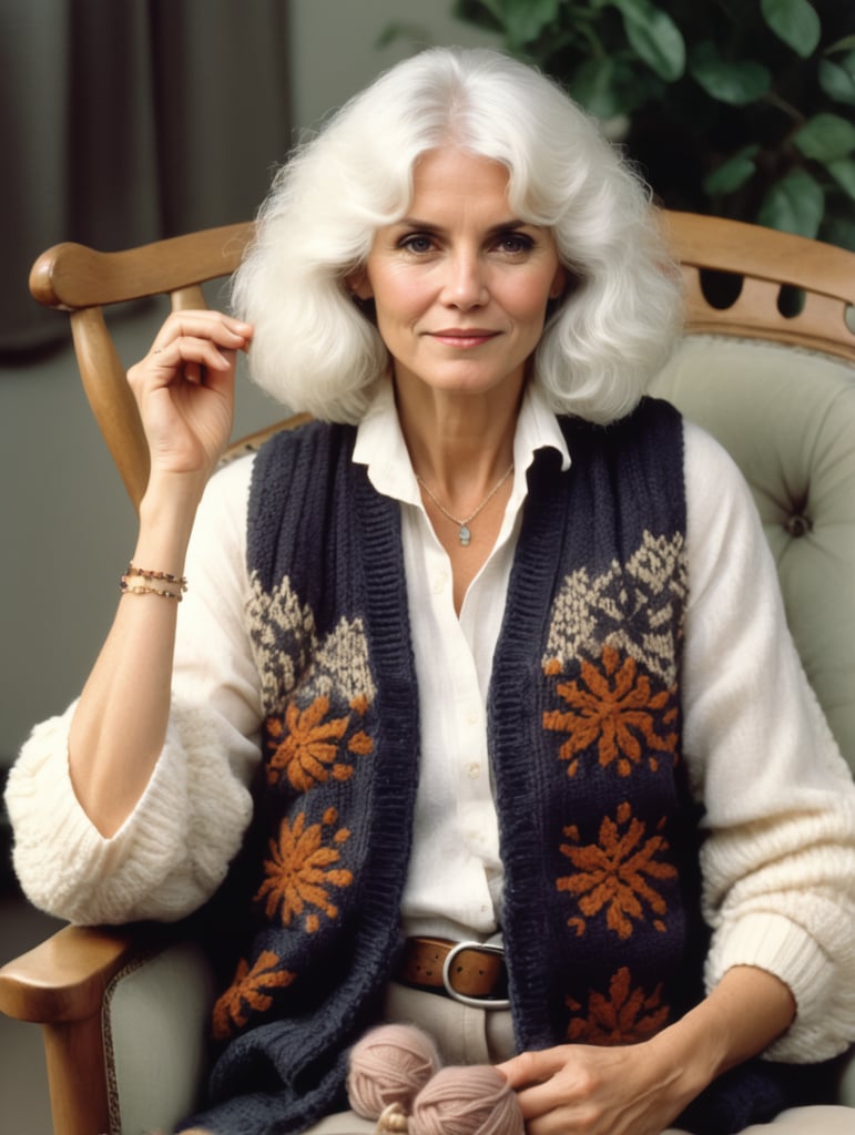 a white haired middle aged woman in 1980, bohemian style, sitting on a comforable armchair, knitting a baby jacket