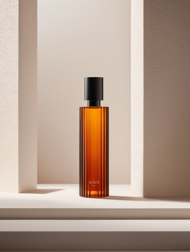 Diseño de botella alta para un perfume lujoso y minimalista con una textura vertical muy junta inspirada en la arquitectura de. Luis barragan. Una fotografía frontal en un set design minimalista y comercial inspirado en la marca Loewe