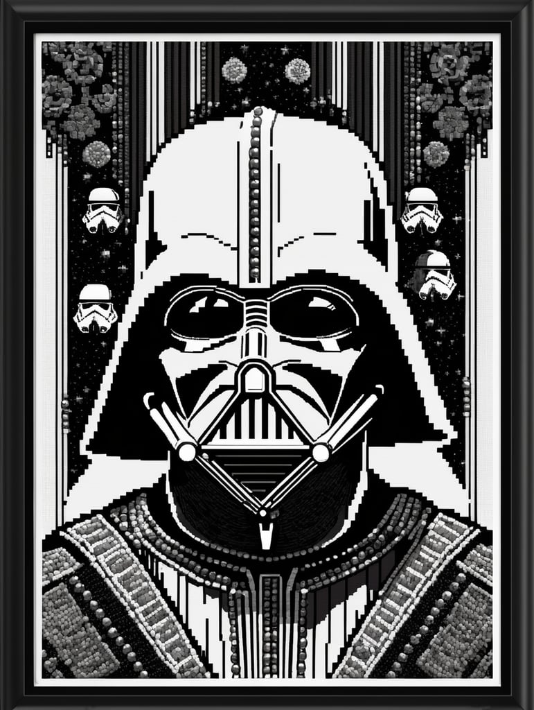 cross stitch pattern with Darth Vader in the style of fujifilm natura 1600, white and black, expressive comic panels, made of beads and yarn, craftcore, skillful, free brushwork