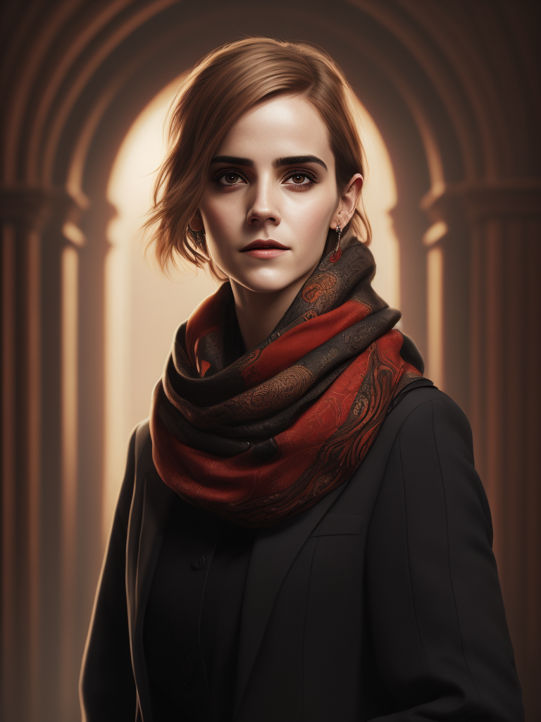 Portrait of Emma Watson wearing black blouse with red scarf, ultra realistic