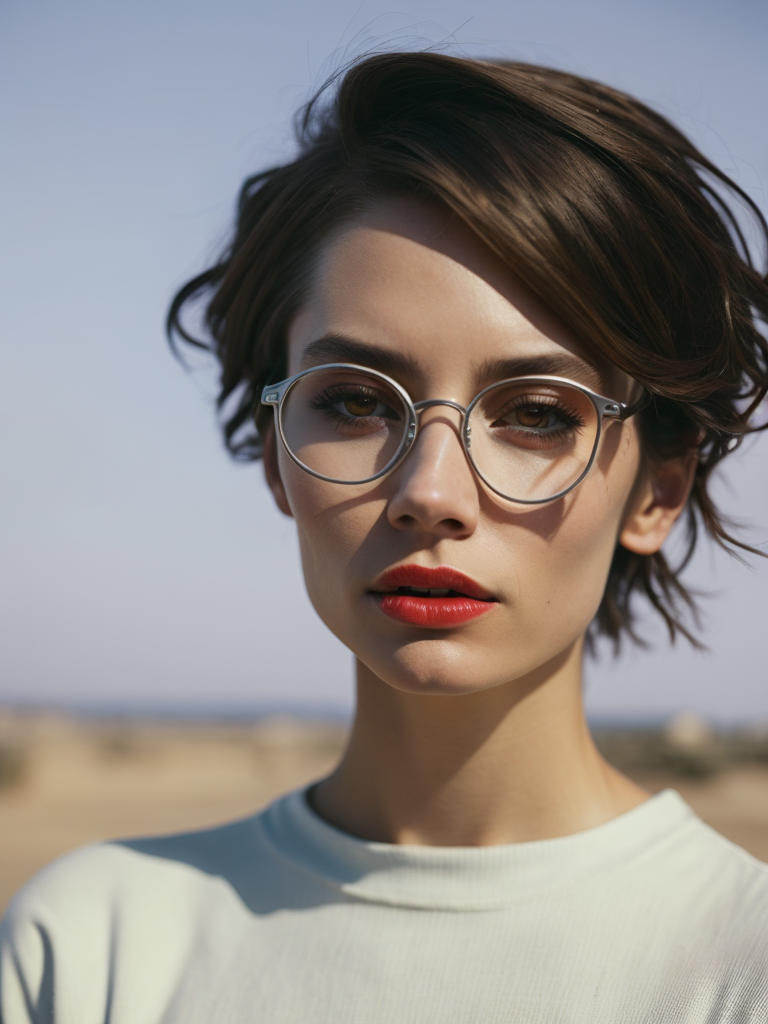 Girl in her thirtieth. She has brown eyes and hair, black glasses and a red lipstick. She in in white longsleeve.