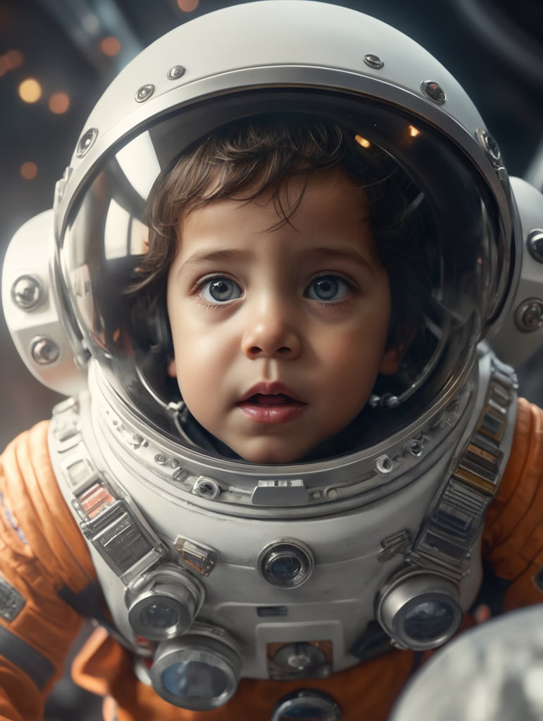 a child in a space suit with a surprised look on his face