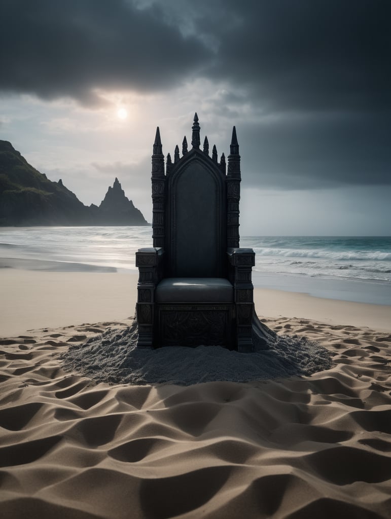 empty gothic throne standing in sand highgly detailed, bright and saturated colors, sharp focus, dramatic lighting, depth of field, incredibly high detailed, in the background is dark menacing ocean like on lost island