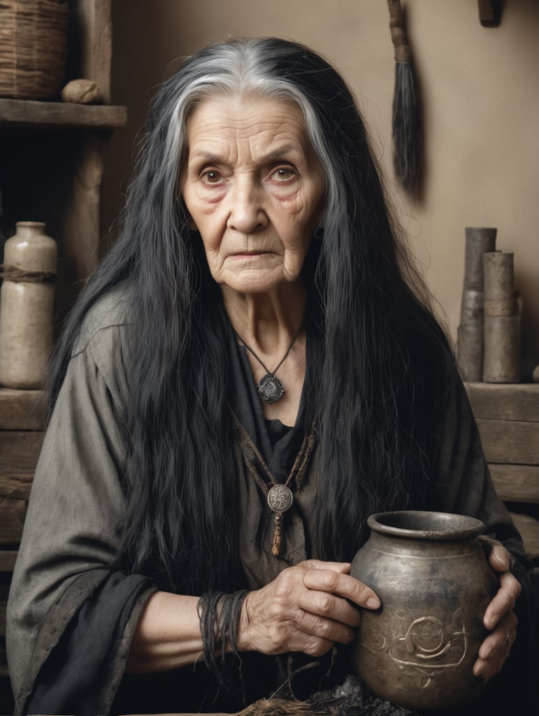 old woman, witch, front-facing portrait, tarnished and dirty clothes, long black hair, holding witchcraft items