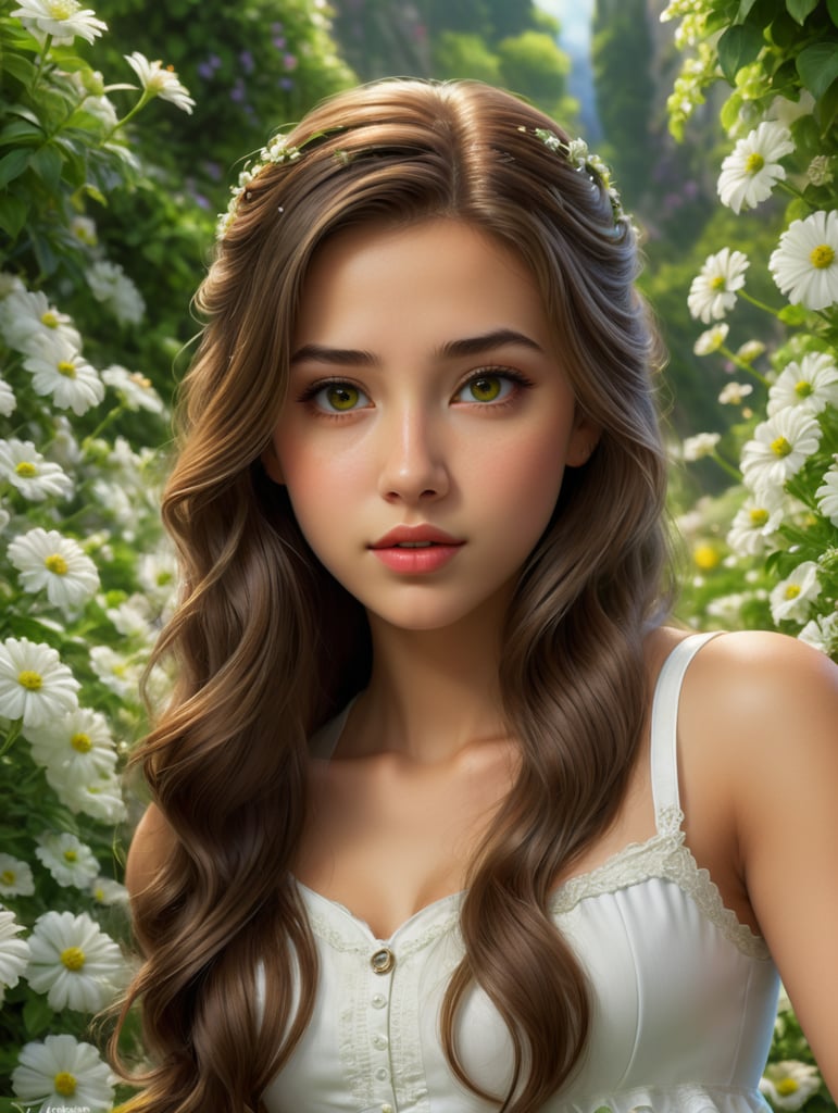 An 18-year-old girl, with brown eyes, full lips, long wavy brown hair, wearing a white top and a white skirt. In the style of the Pixar Universe. The background is delicate, against a background of green flowers.Disney. Name Alina.