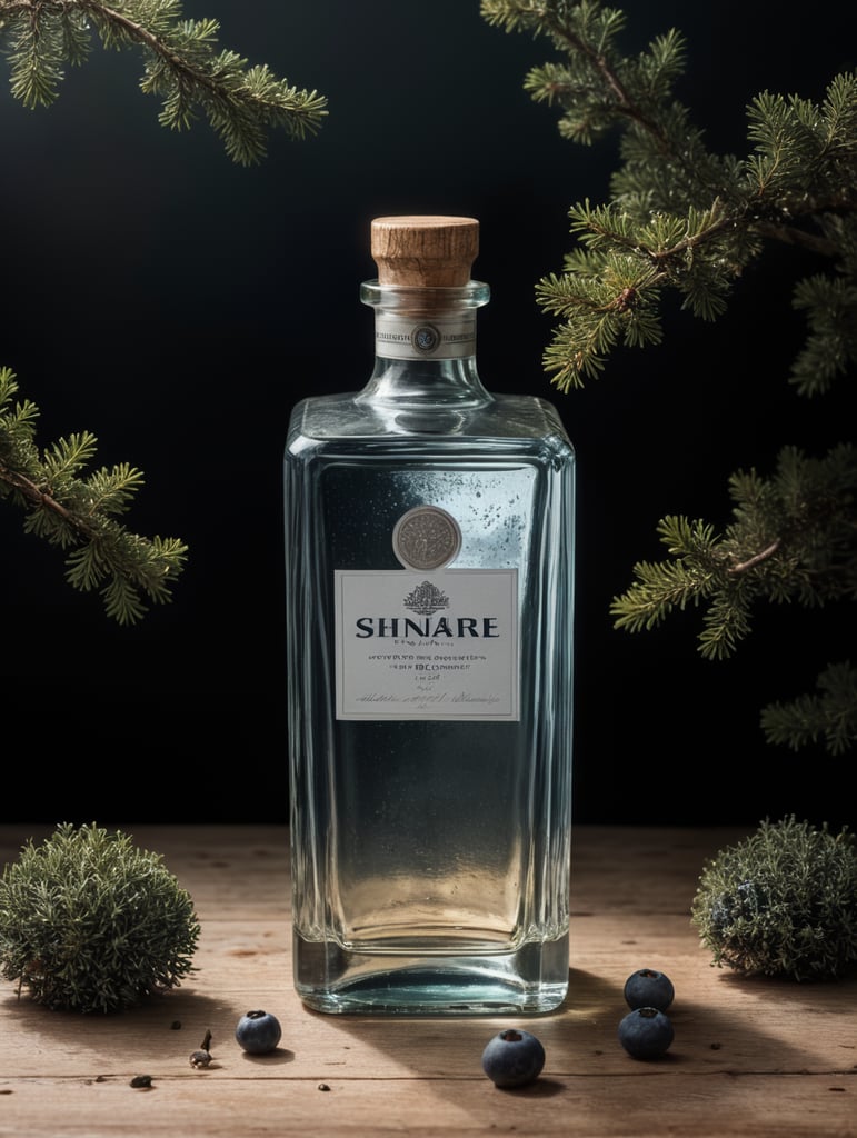 professional photography of a square gin bottle, square bottle, surrounding a juniper and juniper berries, one shot of gin in a front, no label, clear, mockup