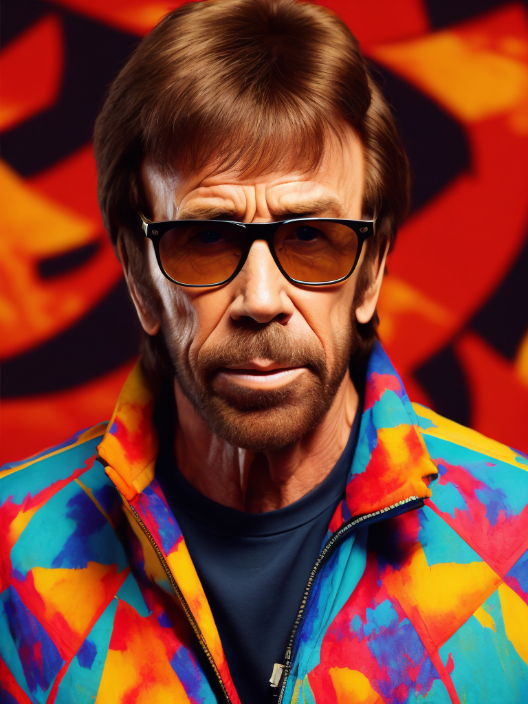 Chuck Norris wearing a brightly patterned jacket and wayfarer glasses, Vivid saturated colors, Contrast color