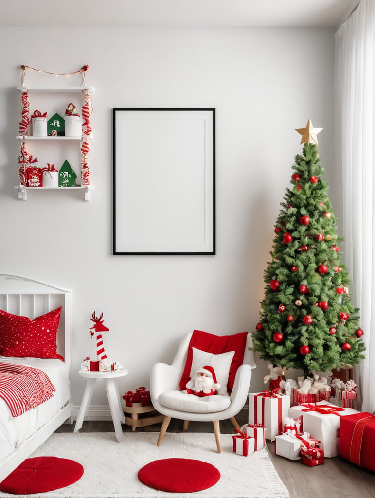 vertical frame wall mockup, white nursery with christmas decorations in red, white, green, and christmas lights