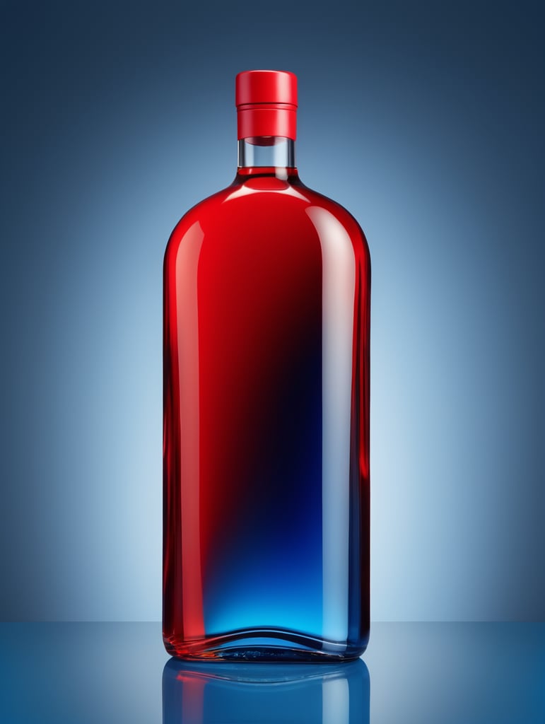 blank Liquor bottle, avant-garde, simplygo, photoshoot spread, all red, blue background, harpers bizarre, cover, headshot, hyper realistic, mockup
