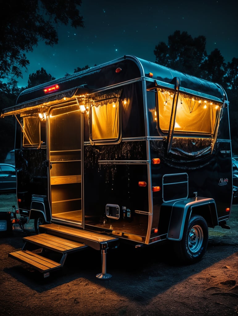 Alien camping trailer made of black alien liquid, translucent with neon lights, liquid dripping from the trailer, dark atmosphere