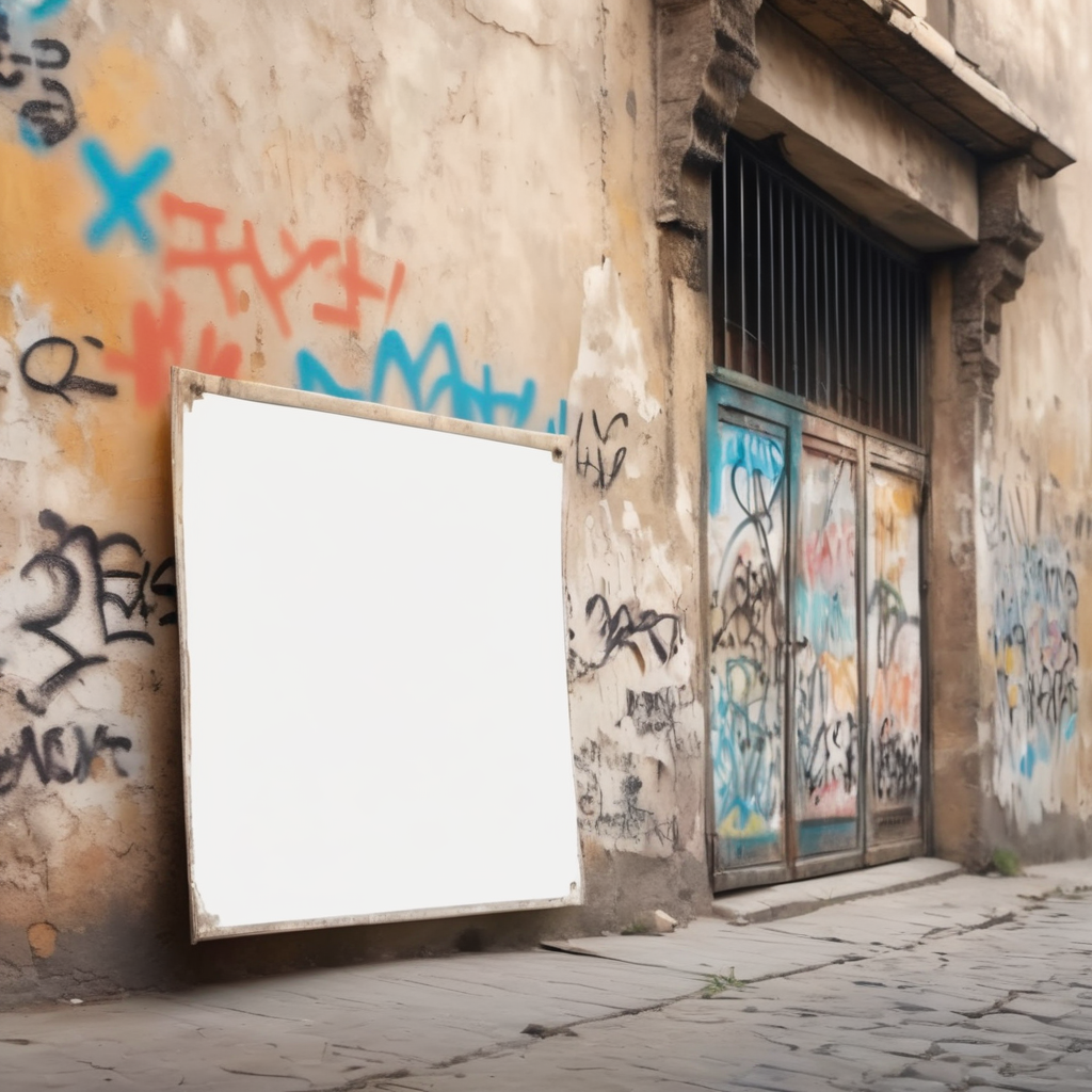 a white blank poster hangs on an old shabby wall with graffiti, the corner of the poster is bent, people are blurred, daylight, mockup, mock up