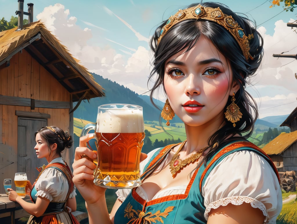 anglo saxon woman on Cute Poster Art for Oktober Fest in the German countryside, girl dressed in traditional tracht and drinking beer, new exciting angle