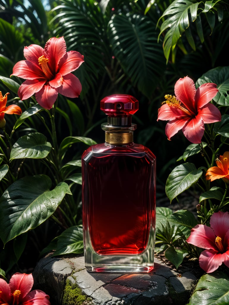 an ad shot of a plain perfume red bottle in a tropical setting with lots of flowers in a summer setting, professionally color graded, award-winning image