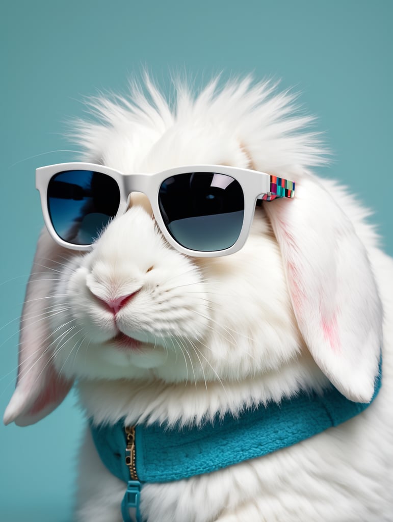 A fluffy white bunny rabbit wearing pixel sunglasses.