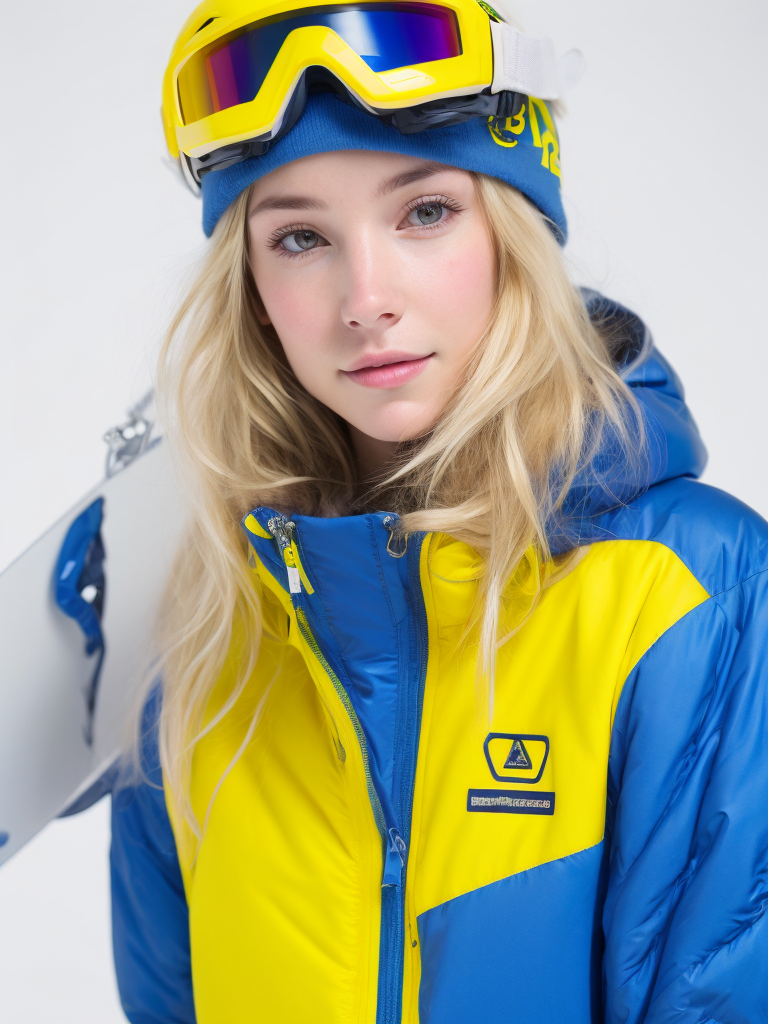 portrait of a girl in a yellow sport hat and colorful goggles for snowboarding, blue jacket, blond hair, white background