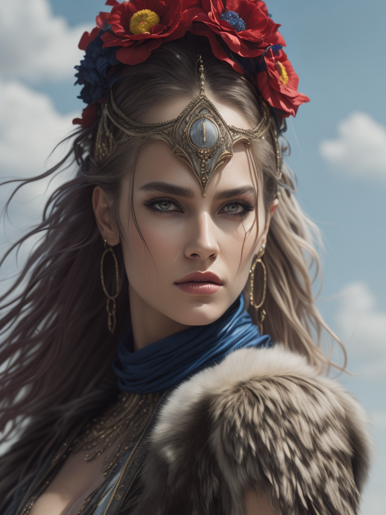 draw the girl is a model, standing tall, dressed in a fur coat, a colorful fur coat, flowers are depicted on the fur coat, a scarf on her head, an elegant pose, blue sky, summer, smears of oil paint, muted color, grain, Joe Madureira's Masterpiece inspired by Magali Villeneuve, Ann Stokes, Luis Royo and WLOP, 8k Ultra HD. --s 250