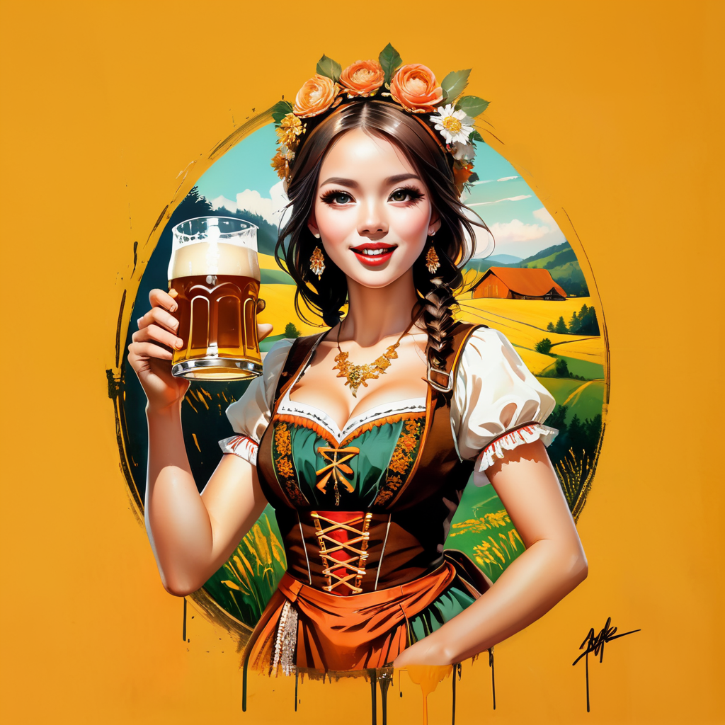 Poster Art for Oktober Fest in German countryside, girl and guy dressed in tracht and drinking beer, new angle