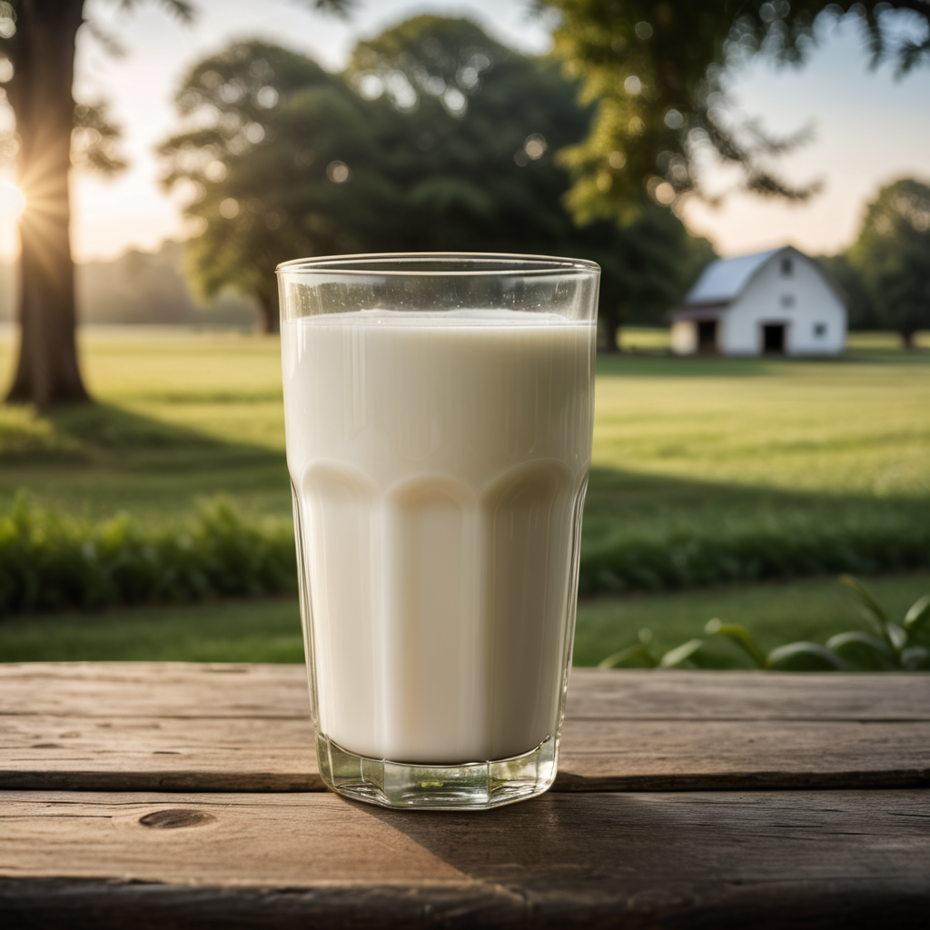 A mockup of a glass of milk, farm blurred background