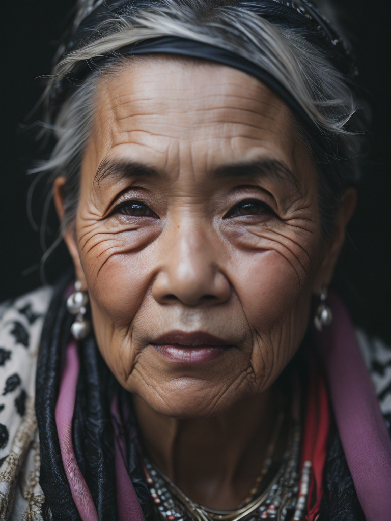Elderly Asian woman with tattoos on her face, shaman, gray hair, jewelry, black background, black eyes
