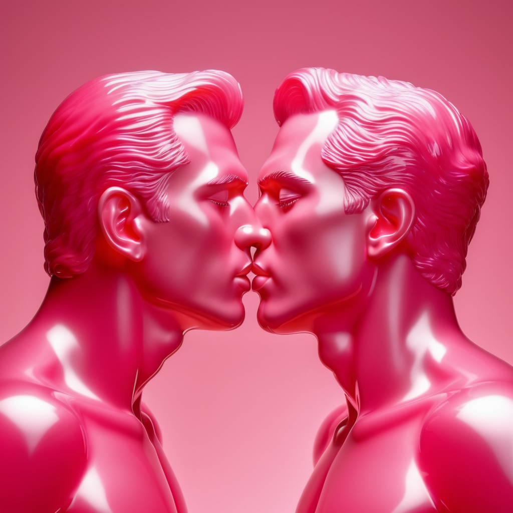 Kiss Art: Two pink translucent wax figures kissing each other, isolated, pink background