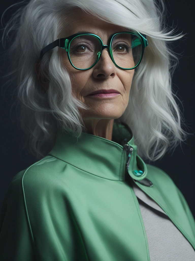 a gnome from fairytale supermodel 76 years old wearing a neon green helmet dressed in athletic clothing and glasses, in the style of futuristic glam, retro futurism, neon green clothing, glasses without color, clear glass, long white hair, teal background, mike campau, anton fadeev, high gloss, mono-ha