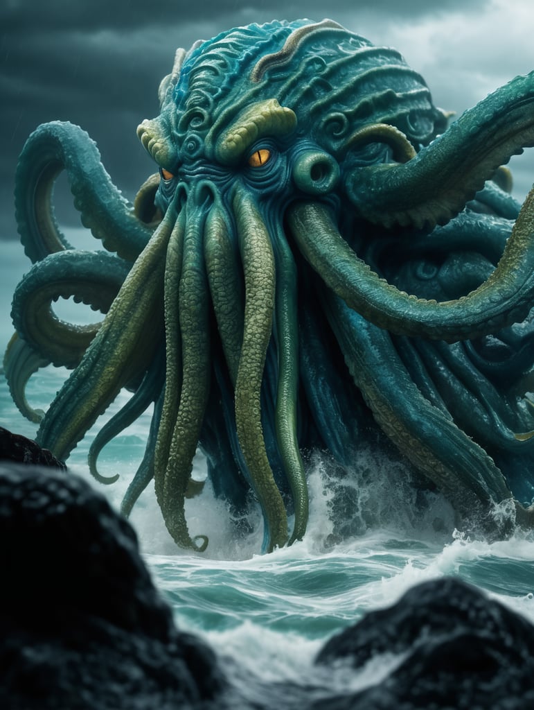 Cthulhu emerging at a stormy,ocean high-quality details, deep focus, professional shot aqua blue rim light vibrant colors