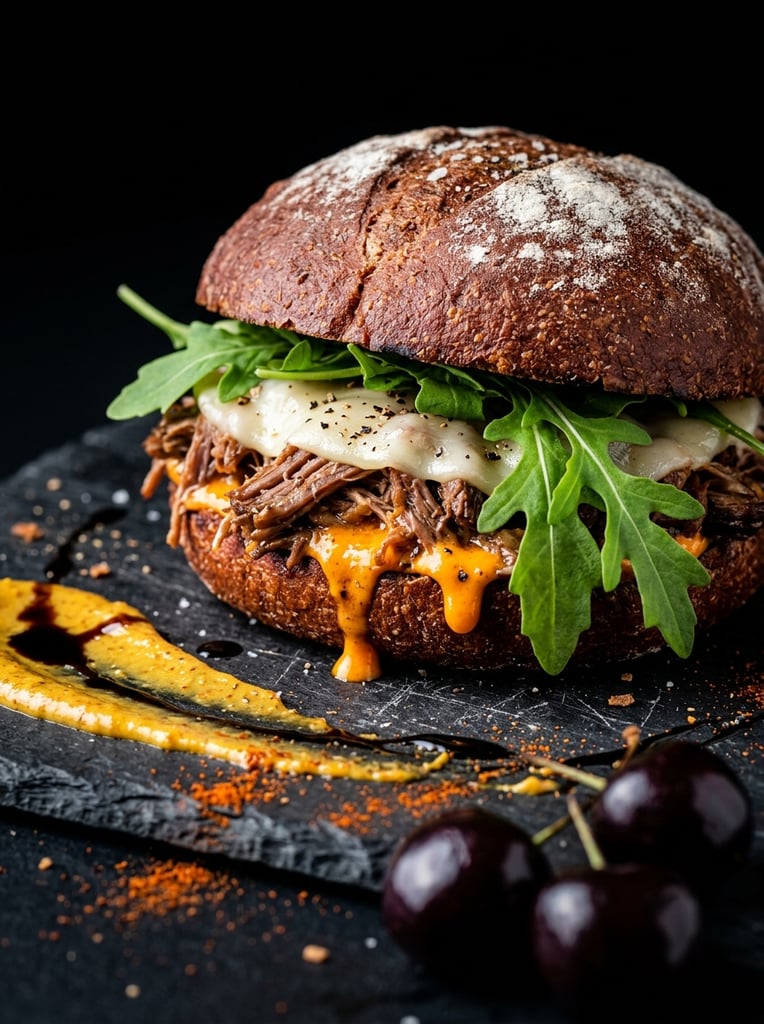 gourmet sandwich on dark textured slate, dark reddish-brown artisan bun dusted with white flour, savory shredded meat, melted white cheese, dripping bright orange sauce, protruding fresh green arugula, thick smear of yellow sauce on the stone base, dark glaze streaks, scattered orange spice powder, blurred dark glossy cherries in the immediate foreground, pitch black background, macro food photography, dramatic studio lighting, shallow depth of field, high contrast textures