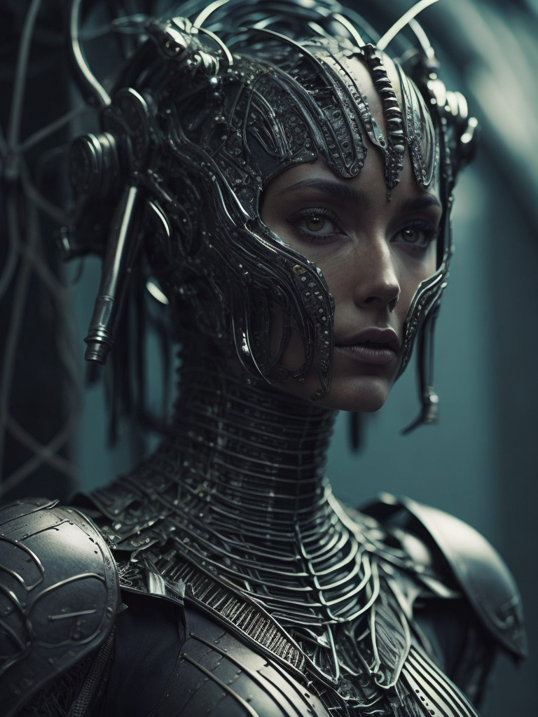 Female robot, Giger style, black and white, high contrast, metal face, many details, slim, stylized body