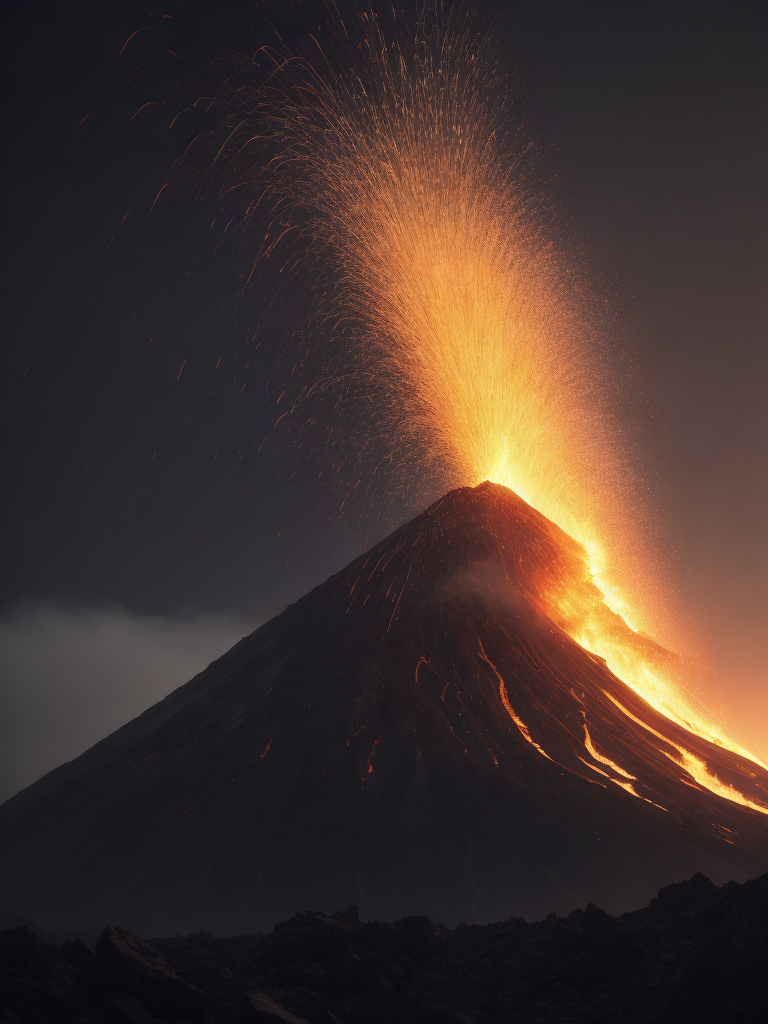 The image of a volcano erupting into the sky, a large mountain, black smoke, flowing lava, high quality details