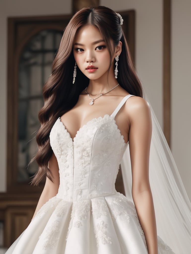 Jennie de blackpink con un vestido de novia blanco y con el pelo suelto.