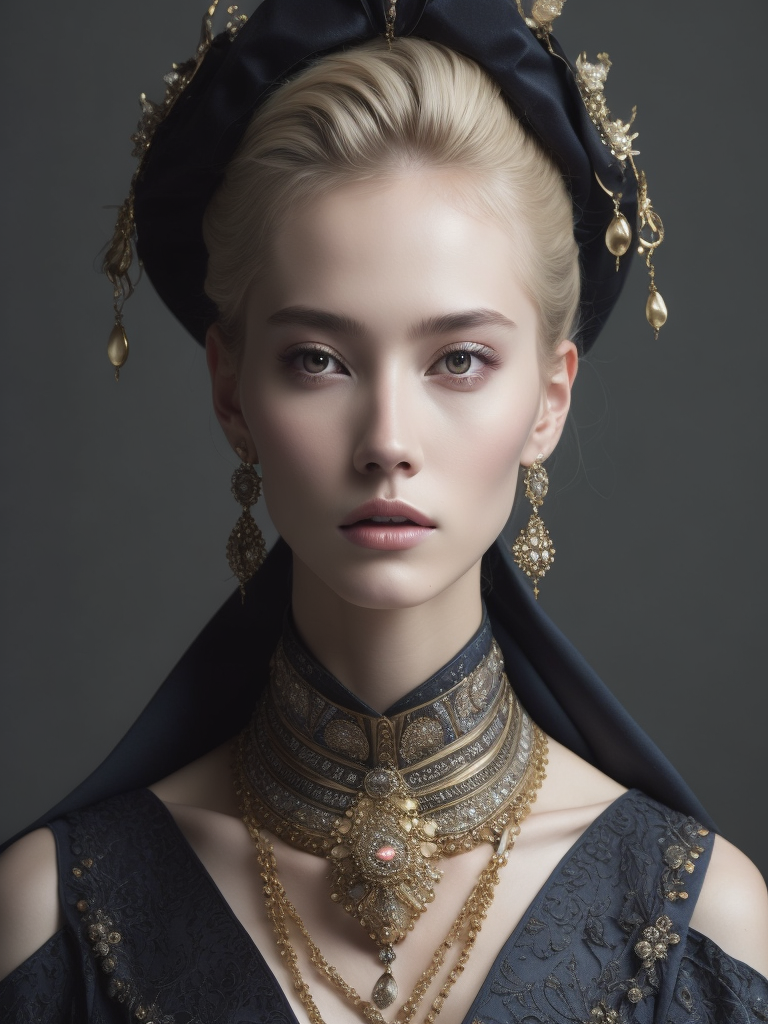 A beautiful painting featuring a young blonde woman and jewelry, in the style of zhang jingna, rinko kawauchi, baroque - inspired details, dark gold and light blue, fanciful, dreamlike imagery, hyper - realistic details, enchanting realms