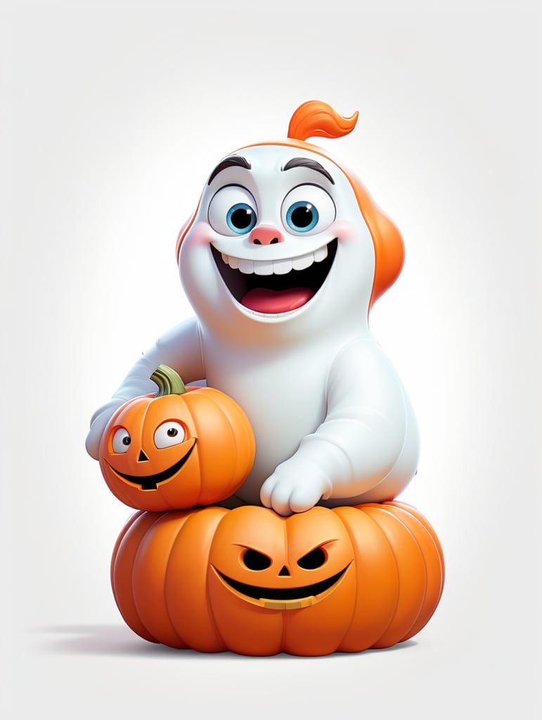 sticker, design t-shirt graphic, vector, cute white ghost sitting in jack o’lantern, white background, playful style