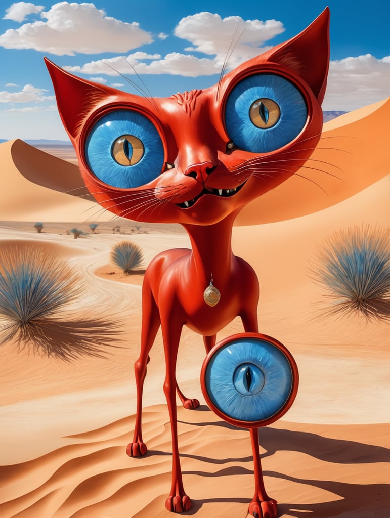 Red cats with big blue eyes in a desert. Painted in the style of Salvador Dali. Very hot and sunny rays with blue sky. Very long and thin legs