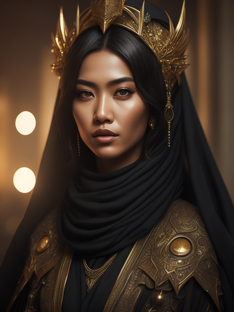 hyper-realistic, ultra-detailed photograph of indonesia asian girl with arabic fashion black cloak with black bird in the head. Renaissance ottoman throne kingdom background, photo realistic, golden jewelry, shiny, sunlight fractal details, depth of field, HOF, hall of fame, detailed gorgeous face, apocalyptic environment, natural body posture, professional photographer, captured with professional DSLR camera, trending on Artstation, 64k, ultra-detailed, ultra-accurate detailed, bokeh lighting, surrealism